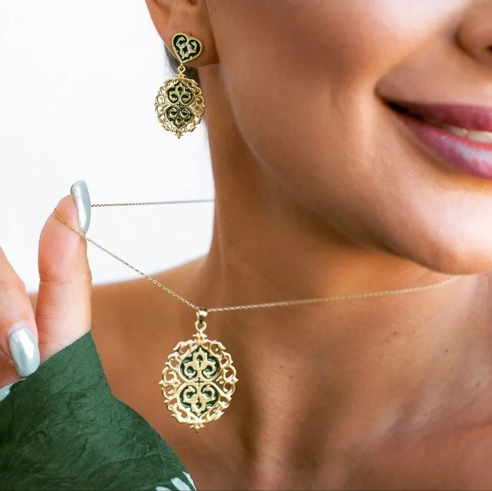 Stainless Steel Gold & Green Drop Earrings